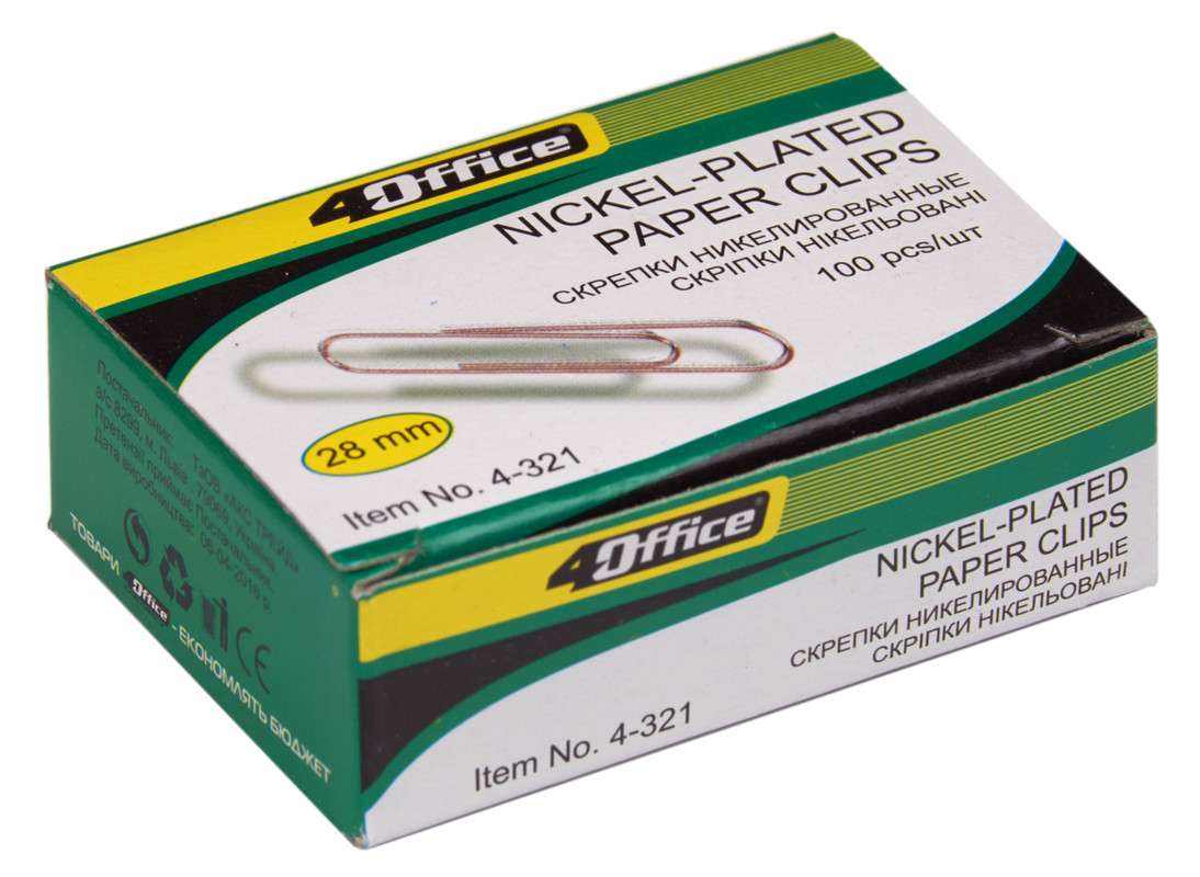 Скріпки 4OFFICE (4-321), 28 мм, круглі, нікельовані, 100 шт.